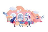 Parents with Child in Hurry Until end Sale Cashier. Vector Illustration on White Background, Flat Cartoon. Woman Runs through Store and Rolls Cart. Man with Bags Holds Son on shoulders.
