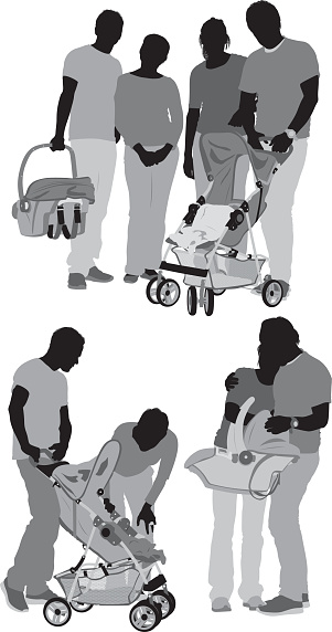 Parents with their children in stroller