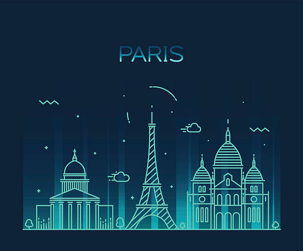 ilustrações de stock, clip art, desenhos animados e ícones de horizonte da cidade de paris moderno vetor linha arte - paris night