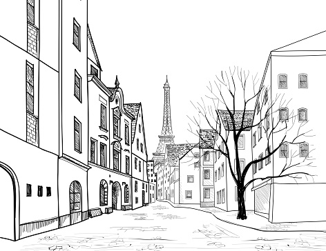 Paris city street engraving. Cityscape - alleyway with Eiffil tower