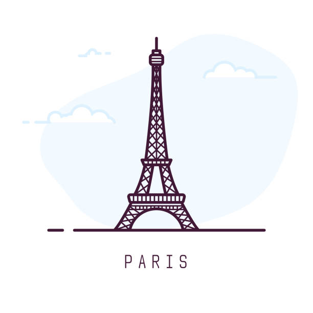Paris Eiffel tower line style Paris city line style illustration. Famous Eiffel tower in Paris, France. Architecture city symbol of France. Outline building vector illustration. Sky clouds on background. Travel and tourism banner. eiffel tower stock illustrations