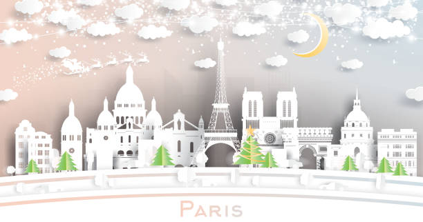 ilustraciones, imágenes clip art, dibujos animados e iconos de stock de paris france city skyline en estilo de corte de papel con copos de nieve, luna y guirnalda de neón. - lunar new year