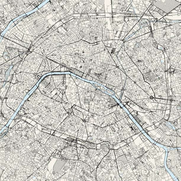 Paris, France Vector Map Topographic / Road map of Paris, France. Original map data is open data via © OpenStreetMap contributors river borders stock illustrations