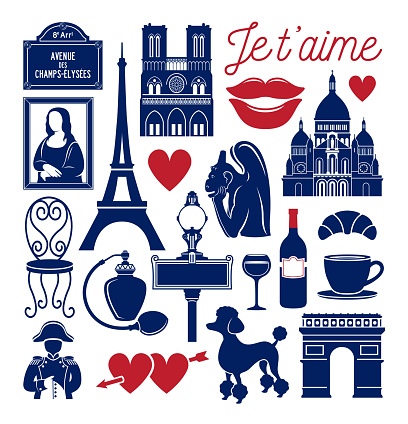 Set of icons related to Paris, France. Eiffel Tower, Arch of Triumph, Notre Dame cathedral, French poodle, Gargoyle, French kiss and more.