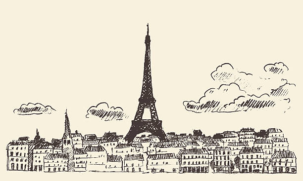 Paris skyline France eiffel sketch drawn vector Paris skyline France vintage engraved illustration hand drawn eiffel tower stock illustrations