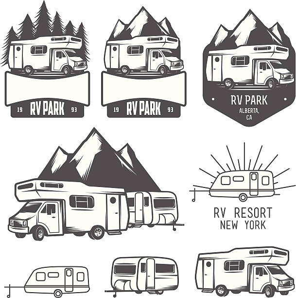 illustrazioni stock, clip art, cartoni animati e icone di tendenza di rv park, distintivi ed elementi di design - camper