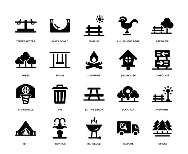ilustraciones, imágenes clip art, dibujos animados e iconos de stock de conjunto de iconos del parque - park