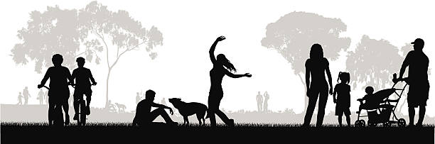 Park In Springtime park scene with cycists, pet dog, woman dancing, family with stroller, treeline, eucalyptus trees.  The vector illustration is of silhouette people all in black with a grey background. family silhouettes stock illustrations