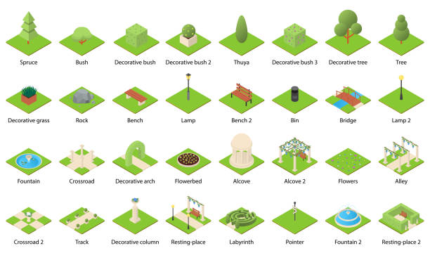 illustrations, cliparts, dessins animés et icônes de ensemble de parc nature éléments icônes, style isométrique - haie jardin