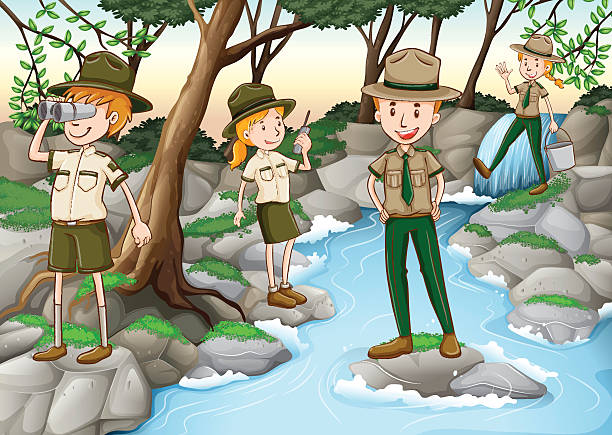 рейнджеры парка, стоит на водопад - rangers stock illustrations