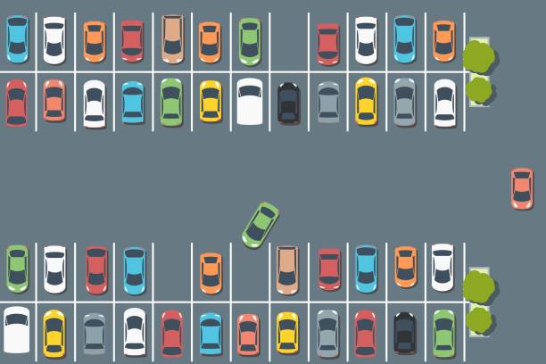 Parked cars Parking lot illustration - vector car park infrastructure graphics. high angle view stock illustrations