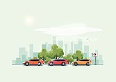 Vector illustration of modern cars parking along the city street with green trees in cartoon style. Hatchback, station wagon and sedan parked on wrong place with no parking sign. City skyscrapers skyline on green turquoise background.