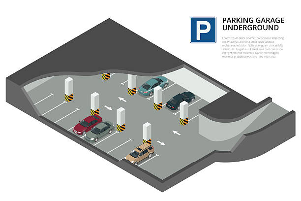 parkgarage in der tiefgarage. parkhaus - parking lot stock-grafiken, -clipart, -cartoons und -symbole