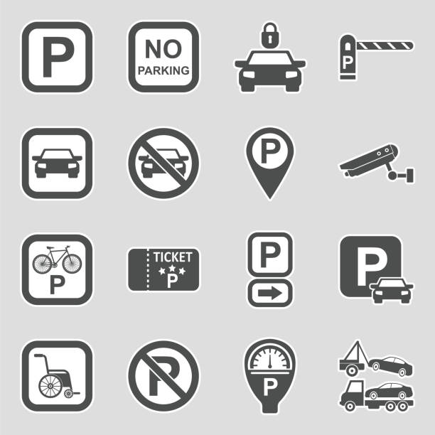 Parking Icons. Sticker Design. Vector Illustration. Parking, Ticket, Lot, Meter, Sign parking stock illustrations