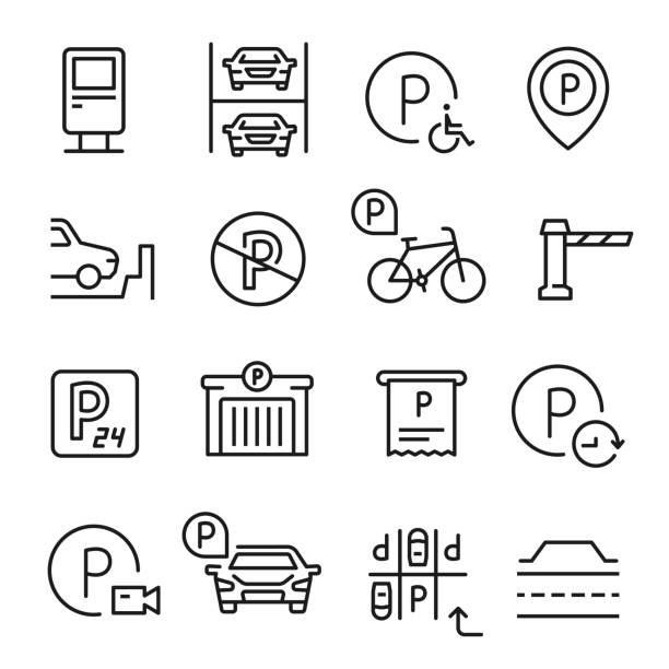 parklinie icon-set, ort, um ein fahrzeug zu verlassen - parking lot stock-grafiken, -clipart, -cartoons und -symbole