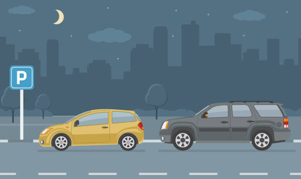 ilustrações de stock, clip art, desenhos animados e ícones de parking lot with two cars on city background. - parking lot