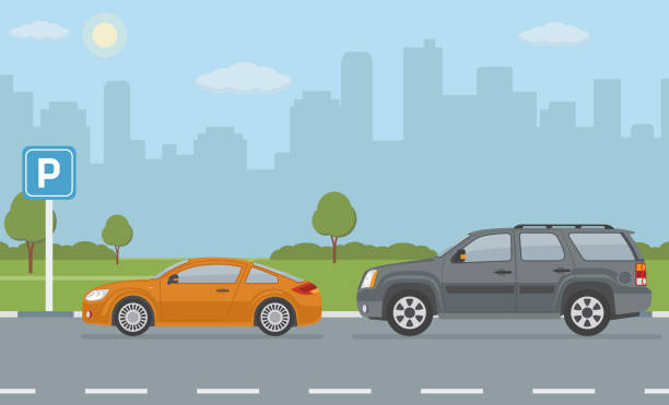 ilustrações de stock, clip art, desenhos animados e ícones de parking lot with two cars on city background. - parking lot
