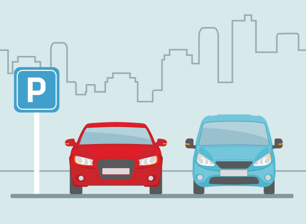 ilustrações de stock, clip art, desenhos animados e ícones de parking lot with two cars on light blue background. - parking lot