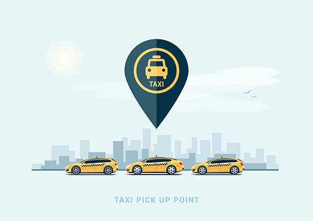 illustrazioni stock, clip art, cartoni animati e icone di tendenza di parcheggio taxi auto e sfondo città - taxi