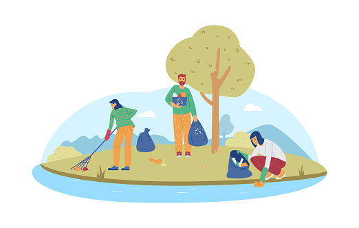 Parks and beach cleaning with volunteers, flat vector illustration isolated.