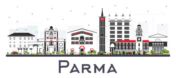 illustrazioni stock, clip art, cartoni animati e icone di tendenza di skyline della città di parma italia con edifici a colori isolati su bianco. - parma