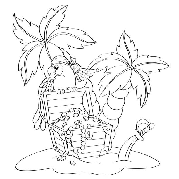 Parrot on pirate's treasure chest. Deserted beach with palm trees. Black and white vector illustration for coloring book vector illustration sword beach stock illustrations