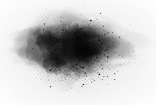 Particles of charcoal on transparent background. Abstract black powder splatter. Vector realistic exploding black powder.