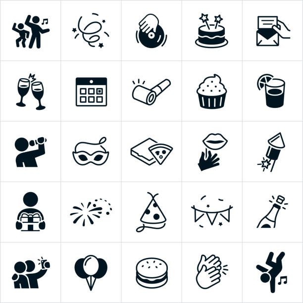 Party and Celebration Icons A set of party and celebration icons. The icons include people dancing, confetti, disc jockey, turn table, cake, invitation, champagne, toasting, calendar, party horn, cupcake, food, lemonade, karaoke, singing, party mask, pizza, fireworks, present, gifts, party hat, streamers, banners, selfie, balloons, hamburger and clapping to name a few. dancing icons stock illustrations