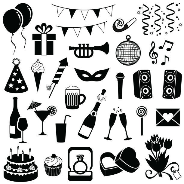 Party and Celebration Party and Celebration icon collection - vector silhouette illustration birthday silhouettes stock illustrations