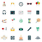 A set of 25 party and celebrations flat design icons on a transparent background. File is built in the CMYK color space for optimal printing. Color swatches are Global for quick and easy color changes.