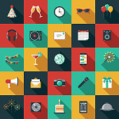 A set of flat design styled party/celebration icons with a long side shadow. Color swatches are global so it’s easy to edit and change the colors.
