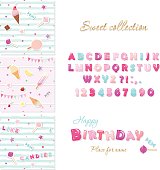 Party design elements set. Candy font design and festive seamless patterns with sweets. Vector