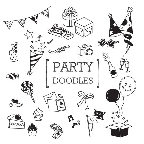Party doodles set. Hand drawing of cute party objects birthday symbols stock illustrations