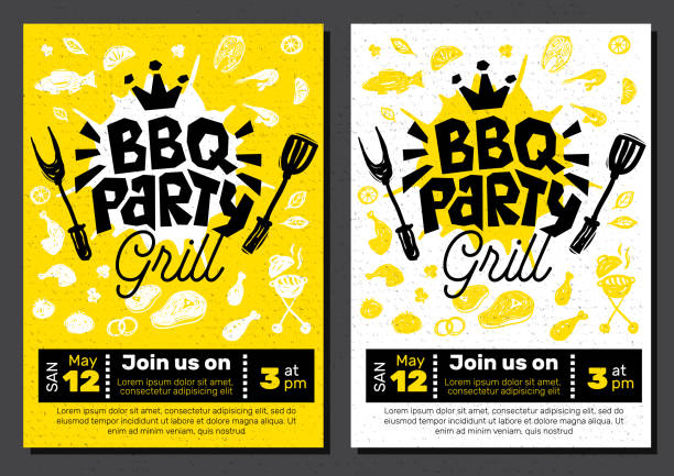 barbekü partisi gıda poster. barbekü şablon menü davet el ilanı tasarım öğeleri baharat, içecekler, elle çizilmiş öğeleri. - bbq stock illustrations