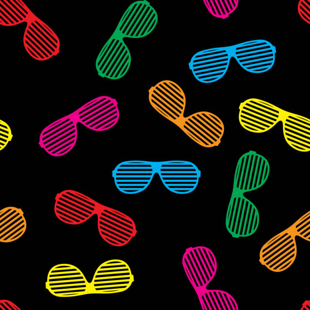 Party Glasses Pattern Colorful Vector illustration of multi-colored party glasses in a repeating pattern against a black background. dancing designs stock illustrations