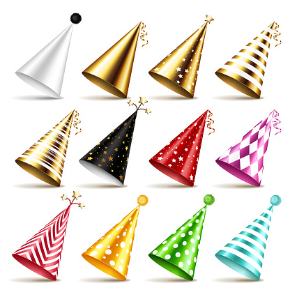 Party hats set collection with various patterns, isolated on white background.