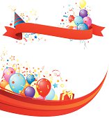 Vector illustration of party header with ribbon and flowing wavy footer full of balloons and fun!