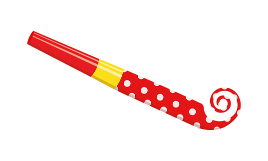 Party horn isolated on white background. Unrolling red polka dot blower. Noisemaker side view. Sound whistle for birthday celebration. Vector cartoon illustration