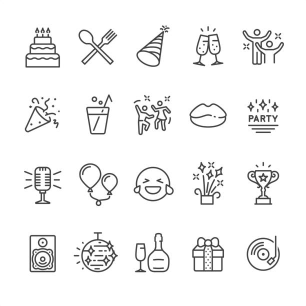 Party theme related outline vector icon set.

20 Outline style black and white icons / Set #49
Pixel Perfect Principle - all the icons are designed in 64x64px grid, outline stroke 2px.

CONTENT BY ROWS

First row of icons contains:
Cake icon, Food icon, Party Hat, Cheers! (champagne glasses), Party hard;

Second row contains:
Party Popper icon, Drinks, Dancing icon, Lips icon, Party Icon;

Third row contains:
Microphone (karaoke), Balloons, LOL icon, Fireworks, Trophy Cup (Award); 

Fourth row contains:
Audio speaker, Disco ball, Wine bottle and Glass, Gift box, DJ Party icon (Vinyl record).

Look at complete Unico PRO collection - https://www.istockphoto.com/collaboration/boards/dB-NuEl7GUGbQYmVq9IlDg