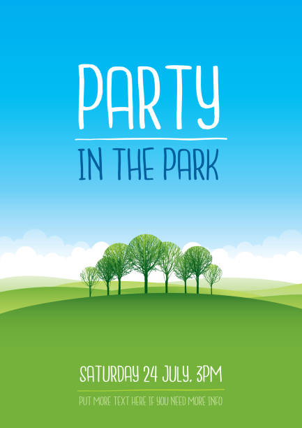 Party in the park poster Poster for a party in the park with a landscape and trees park stock illustrations