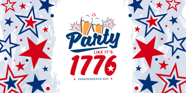 Party like it's 1776, independent day, 4th of July celebration design on watercolor with red blue color stars background promotional advertising banner template. Independence Day is celebrated on the 4th of July of each year in the USA and it is the celebration of the day the United States Of America declared its independence from the control of Great Britain. Independence Day is commonly celebrated with the lighting of fireworks or electronic light shows, music, and outdoor activities the display of the "American" flag, and the display of the USA flag colors red, white, and blue. 1776 american flag stock illustrations