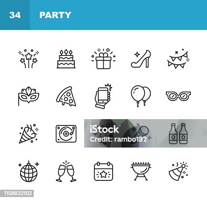 istock Party Line Icons. Editable Stroke. Pixel Perfect. For Mobile and Web. Contains such icons as Party, Decoration, Disco Ball, Dancing, Nightlife, Selfie, Fast Food, Beer, Glasses, Gift, Cake. 1158832102