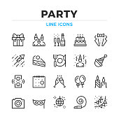 Party line icons set. Modern outline elements, graphic design concepts. Stroke, linear style. Simple symbols collection. Vector line icons