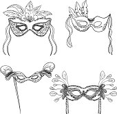 Various party masks in sketch style, black and white