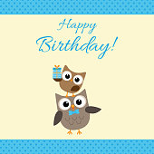 Vector birthday party card with cute owls in blue for boys