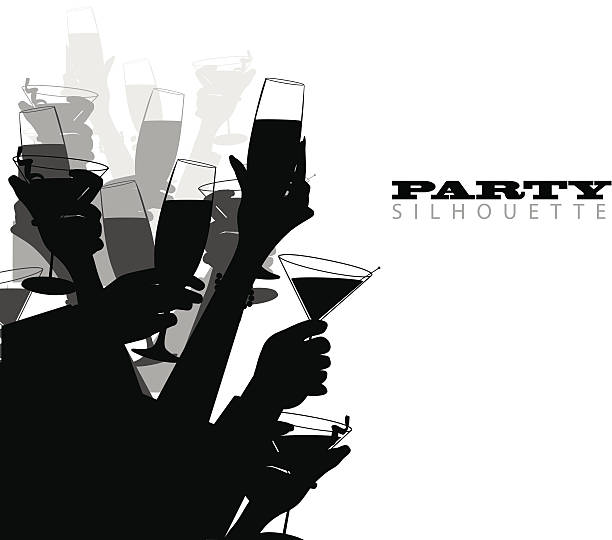 Party Silhouette Many hands toast at a party, in tones and shades of black and white. cocktail silhouettes stock illustrations