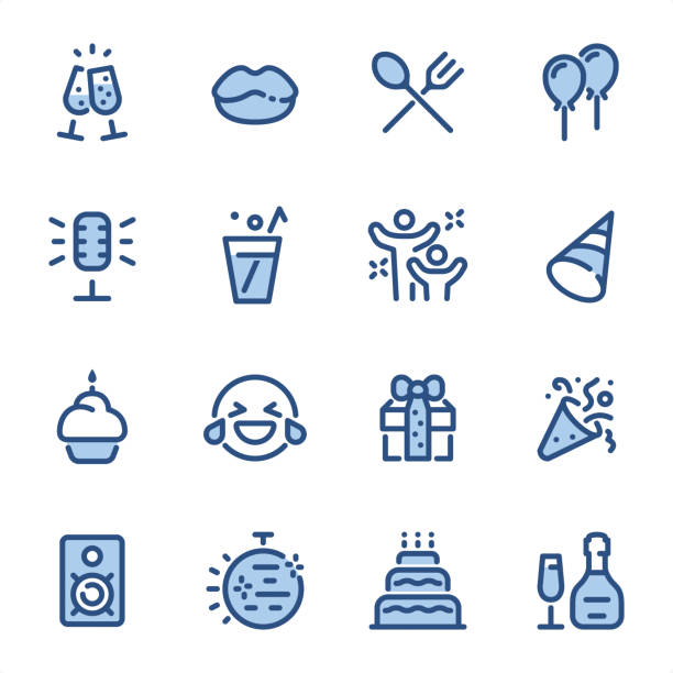Party Theme  - Pixel Perfect blue line icons Party Theme  icons set #18
Specification: 16 icons, 36x36 pх, stroke weight 2 px
Features: Pixel Perfect, Dichromatic, Single line 

First row of icons contains:
Cheers! (Chapmpagne glasses), Lips icon, Food icon, Balloons;

Second row contains:
Microphone (Karaoke), Drinks, Party hard, Party Hat;

Third row contains:
Birthday Cupcake, LOL icon, Gift box, Party Popper icon;

Fourth row contains:
Audio Speaker, Disco ball, Cake icon, Wine Bottle and Glass.

Complete BLUE MICO collection - https://www.istockphoto.com/collaboration/boards/Y8ZYtc2sY0qNQVGRttlncQ happy birthday wine bottle stock illustrations