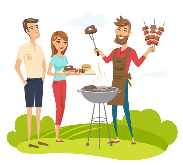 BBQ party with friends. Vector characters illustration isolated. BBQ party with friends. Vector characters illustration isolated. drawing of family picnic stock illustrations