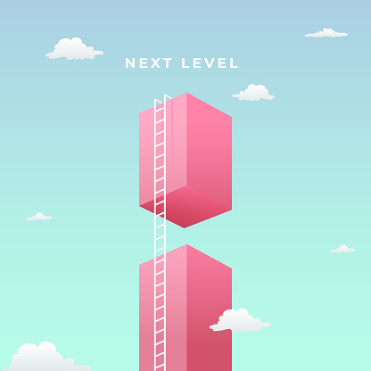 pass the challenge to reach the goal visual concept with minimalist art design. high giant wall towards the sky and tall ladder vector illustration.