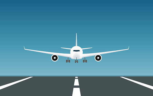 Passenger airplane landing on runway in flat icon design with blue sky background